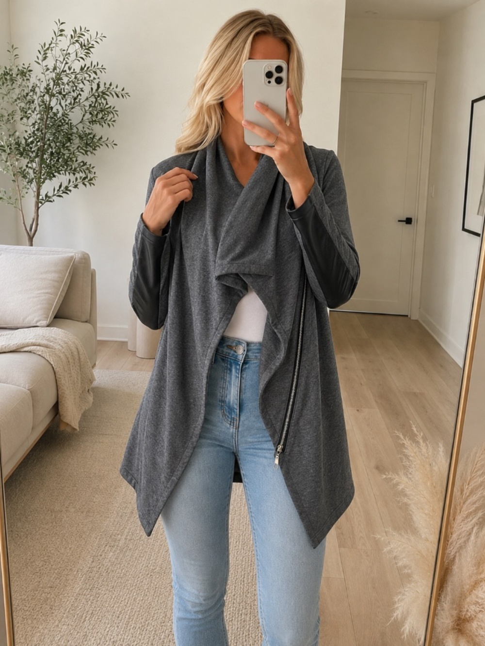 NWT Gray Knit Moto Jacket Black Sleeves Medium